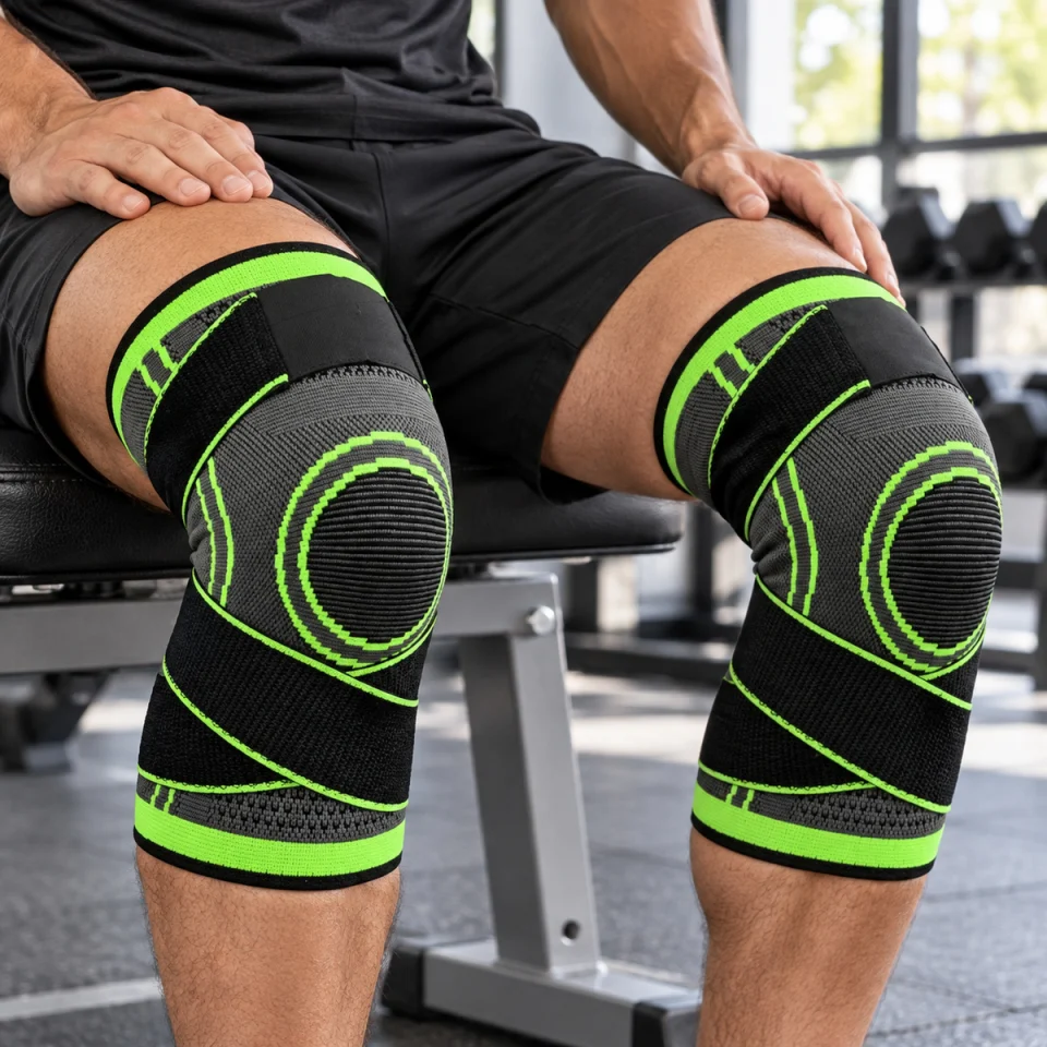 Atleta sentado na academia usando um par de joelheiras Maxheed pretas e verdes